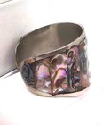 Vtg Mexico Silver Abalone Shell Wide Cuff Boho Bracelet w/ MOP Flower, Size 6.5 — photo 3