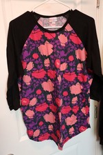 LuLaRoe Randy Baseball Shirt T-Shirt Black Pink Purple Floral Size L Large