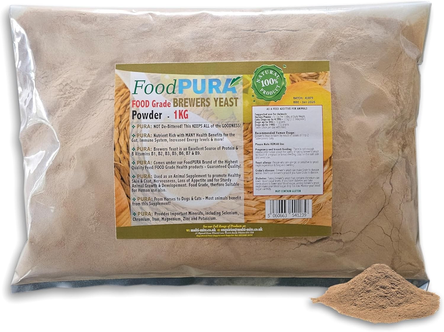 Food PURA Brewers Yeast Powder 1KG - Non De Bittered- 100% Natural| Pure| Safe