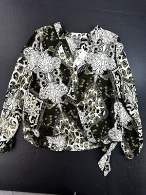 Soho Jeans New York & Co Blouse Size Small Green White Long Sleeve Tie Waist NEW