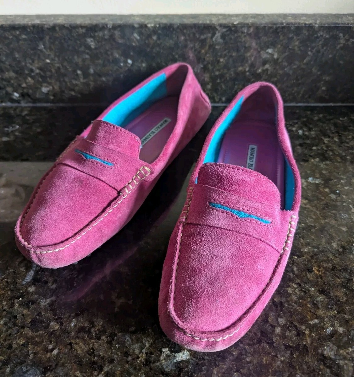 Manolo Blahnik Hot Pink & Blue Suede Driving Penny Loafers  display picture 2