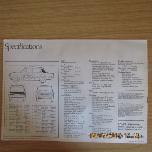 TRIUMPH DOLOMITE (British Leyland) Saloon UK Market Car Sales Brochure 1975 - Picture 2 of 2