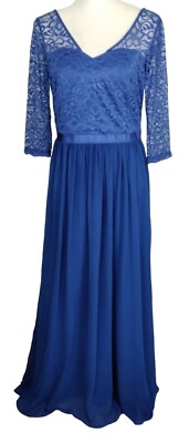 Womens Elegant Royal Blue Lace Chiffon Large Maxi Dress 3/4 Sleeves & V-Neckline