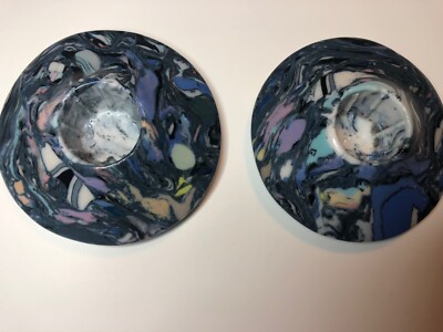  NICE Mottled Glaze on Faux Marble Low Flat Candle Holders Signed & APPLIED ARTS