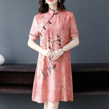 Lady Midi Dress Qipao Cheongsam Loose Chinese Traditional Mandarin Collar Dress