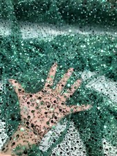 Fabric Sold By The Yard Emerald Beaded Lace Sequins Embroidery Mesh Prom Bridal