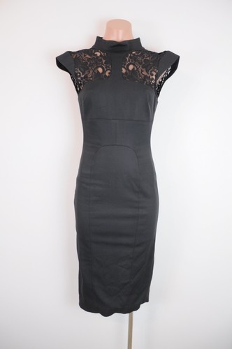 Karen Millen dress Womens 8 black bodycon pencil short sleeve lace trim - Picture 2 of 13