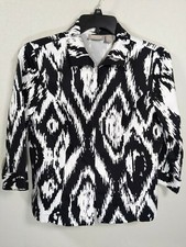 Chicos Black White Jacket Sz 1 Medium Hidden Hook Eye Closure Pockets 3/4 Sle