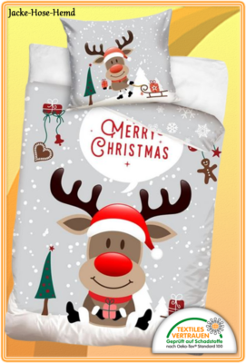 Flanell-Bettwäsche Weihnachten Christmas Rentier Schnee Baumwolle G: 135x200cm