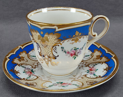 Antique British Hand Colored Pink Rose Floral Blue & Gold Coffee Cup & Saucer B