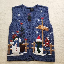 Bobbie Brooks 3D Knit Sweater Vest Cardigan Med Blue Christmas Snowman Winter