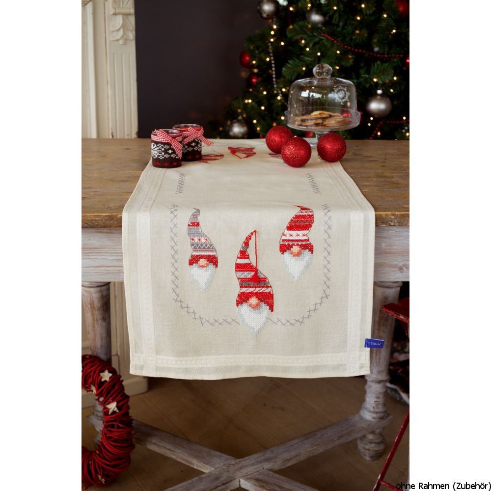 Vervaco table runner stitch embroidery kit Christmas gnomes, stamped, DIY