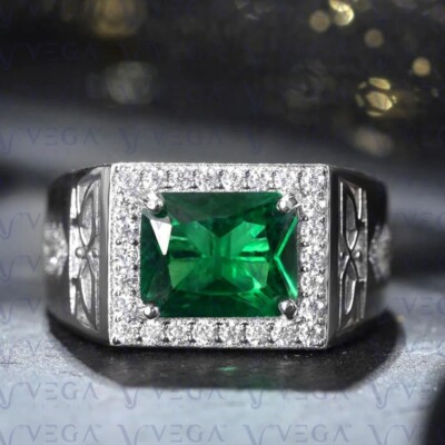 Radiant Cut Natural Emerald Diamond Men's Ring 18k White Gold  Plated