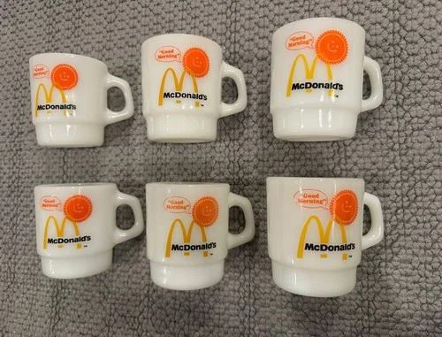 6 Vintage McDonalds Good Morning Fire King Anchor Hocking Milk Glass Mug Cup