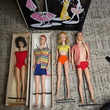 4 Vintage 1960's Barbie/ Ken and Friends w/clothes/accessories box MORE