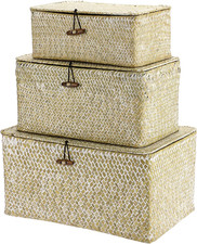 Handwoven Wicker Storage Baskets - Set of 3 with Lids, Whitewash Finish