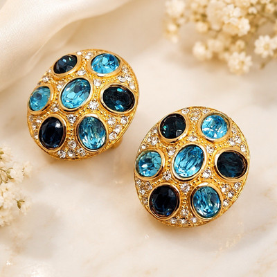 Dior Gold Tone Blue Crystal Rhinestone Cluster Clip-On Stud Earrings Signed
