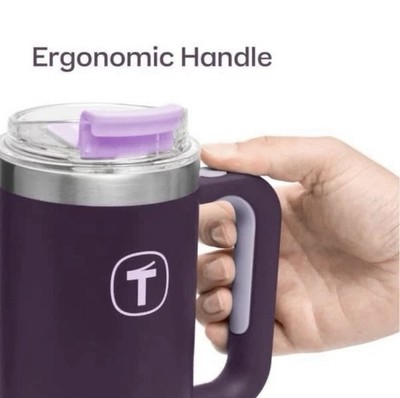Tupperware Big T Insulated Tumbler 37oz Stainless Steel Purple Handle Lid Straw
