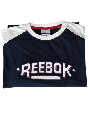 Reebok T-Shirt Herren Gr. L Navy Weiß Logo Print Vintage Retro Top Zustand