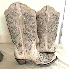 Corral Boots A3322 Women's 7.5 M White Glittered Inlay and Crystals Snip Toe