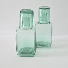 Pair of Unique Clear Sea Green Recycled Glass Bedside Carafes & Glasses