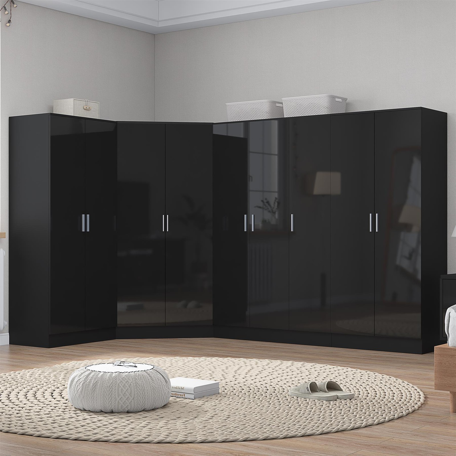 B&Q - 4Pc Wardrobe Bundle2 Door Corner + 3 Door Plain + 2X 2 Door PlainBlack Gloss & Black OakH: 180Cm X W: 179Cm - Image 5