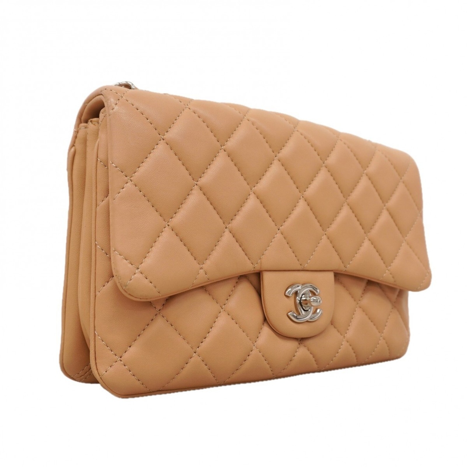 Chanel Matelassé Shoulder Bag, Double Chain, Lambskin, Beige, Women's GZl1j80n image 2