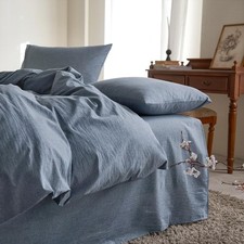 Cotton Duvet Cover Set Queen Size Chambray Denim Blue 100 Washed Cotton Linen