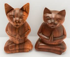 Yoga Cat Prayer Pose Wooden Hand Carved Sculpture Statue Decor Figurine Set 2