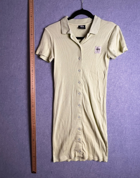 Stussy Green Ribbed Mini T-Shirt Dress AU 6 Logo Button Front Collar