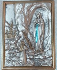 QUADRO ARGENTO 925 MADONNA LOURDES BASSORILIEVO PLACCATO 15 X 10 cm 