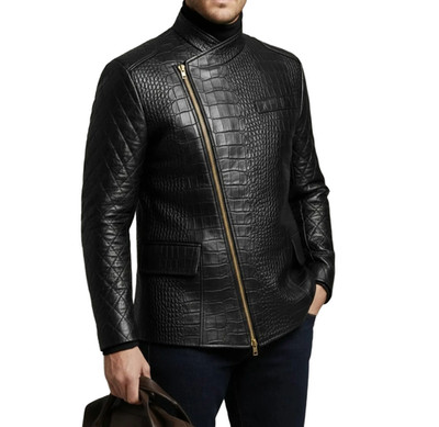 Men s Black Real Leather Jacket Crocodile Embossed Premium Jacket Quilted Sleeve