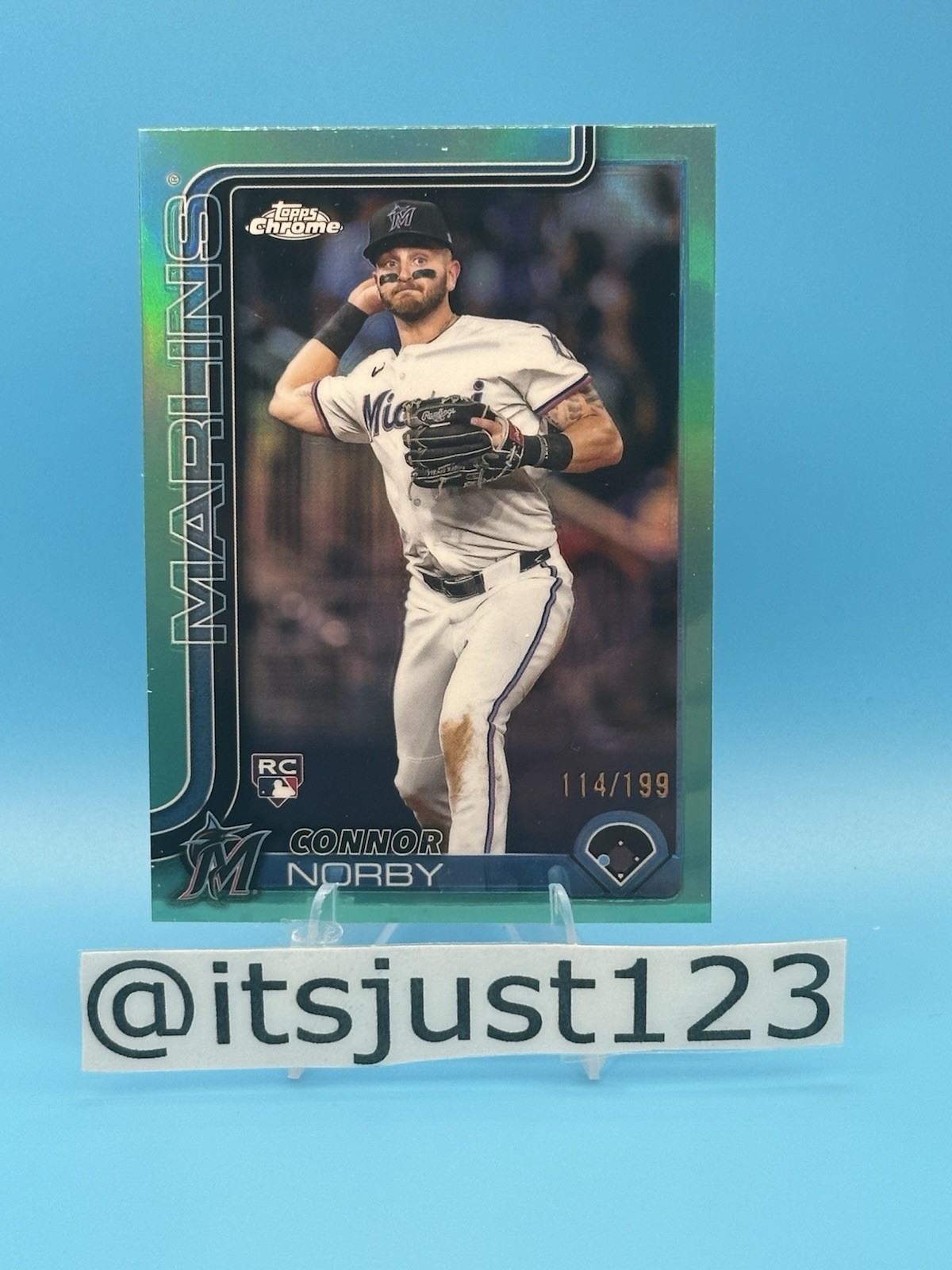 CONNOR NORBY 2025 TOPPS CHROME ROOKIE AQUA REFRACTOR MARLINS RC /199 GROUND ADV