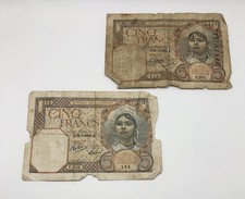 2 - Piece - 5 Francs Algerian 1941 & 1933 Paper Bills 