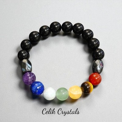 7 Chakra Bracelet 10mm Natural Stones - Black Tourmaline & Hematite
