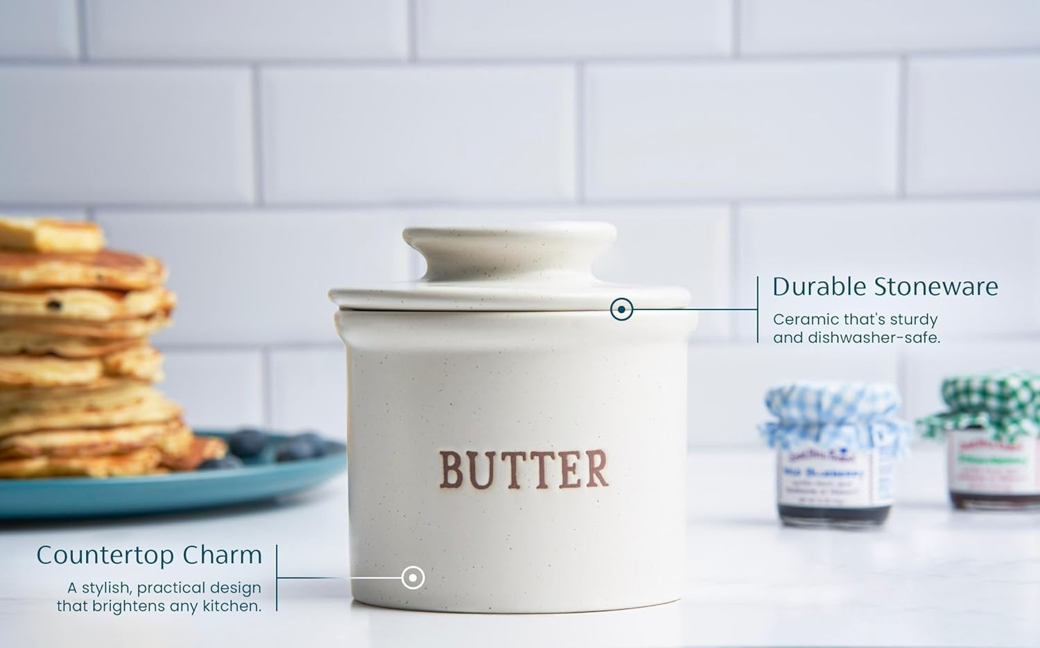 Butter Keeper Dish,French Ceramic Crock for Counter with Lid, Embossed Container