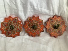 3 NWT Hand-Painted boho Mandala Design WOOD & Brass 5" Wall Hooks made in India