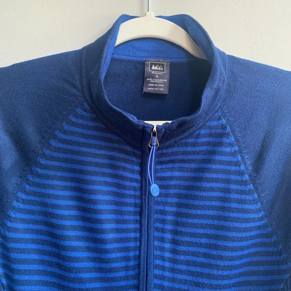 REI CoolMax 全拉链毛衣女式 S 蓝色条纹露营远足户外模拟领 — 第 2/4 张图片