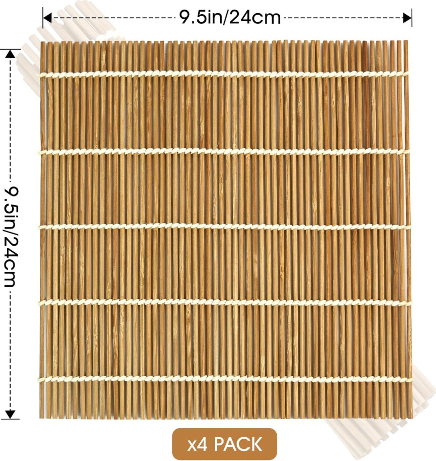 4 Pack Bamboo Sushi Rolling Mat - Reusable Sushi Roller Kit 9.5x9.5 Inch, NEW
