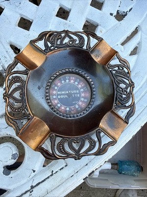 Vintage Las Vegas Miniature Push Button Roulette Wheel Ashtray Bronze Gold Japan