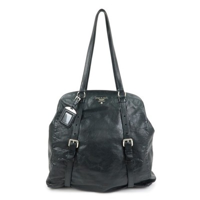 PRADA Logo Leather Shoulder Bag Tote Bag Black Silver Authentic Used F/S