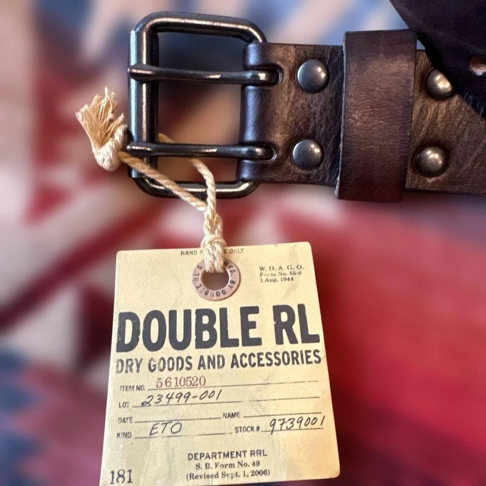 Cinturón RRL Ralph Lauren Cuero de Vaca Italiano Cuero Logo Repujado Clásico Militar Foto 2 de 4