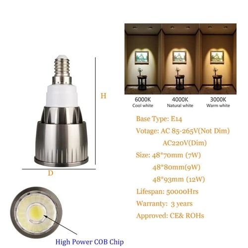 7W 9W 12W Dimmable E27 GU10 COB LED Spotlights E12 E14 B22 B15 GU5.3 110V 220V - Picture 12 of 13