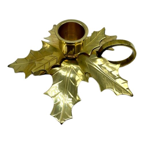 BRASS Holly / Poinsettia Leaf Candlestick Holder w/Ring Shape Handle NIB - Picture 1 of 4