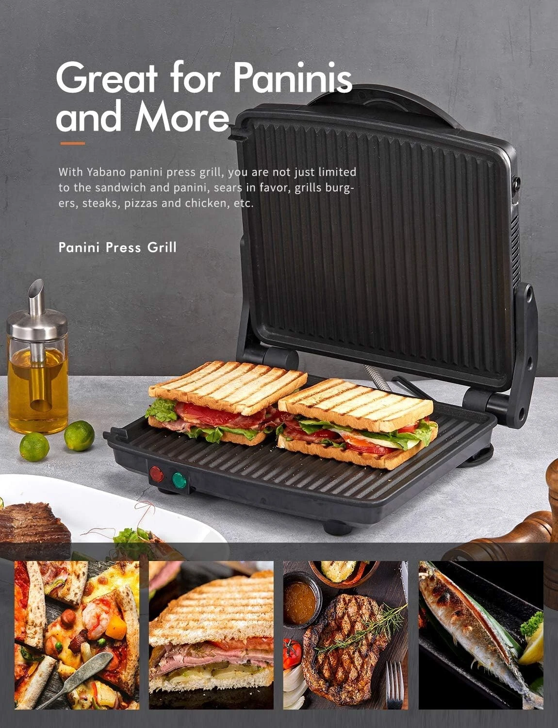 NEW! Yabano Gourmet Panini Press & Grill, Sandwiche's & More Non-Stick, DripTray