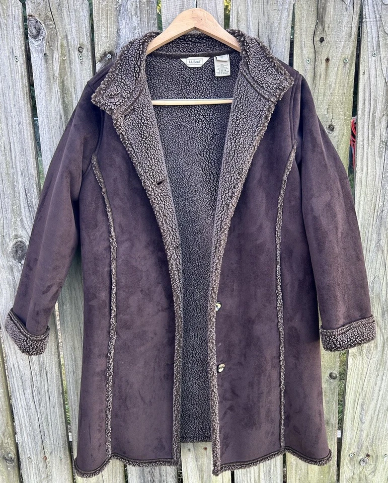 LL Bean Coat Womens Medium Vintage Faux Suede Preppy Classic Sherpa Lined Brown - Image 2 of 4