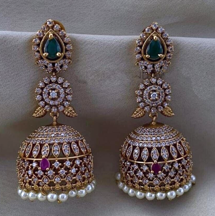 Beautiful AD Charming Jhumka Jewelry  Matte Finish Gold Plated Stud Earrings-image