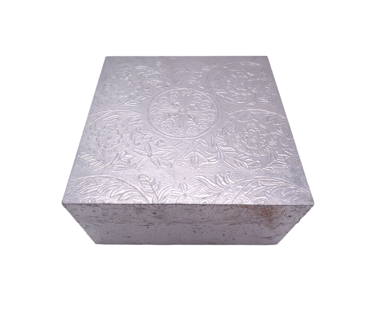 Vintage Floral Embossed Silver Metal Jewelry Keepsake Tin Box Handmade in India  -image