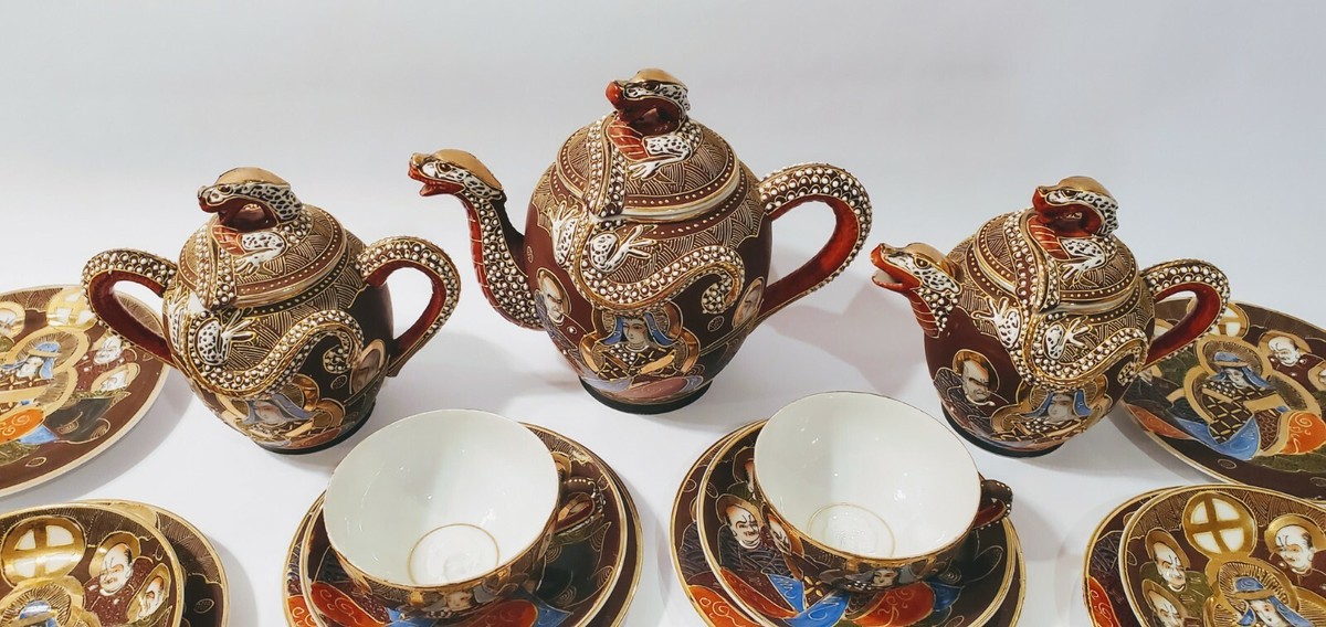 Japan Satsuma Geisha Dragonware Moriage 22 Pc Tea Set Pot Creamer