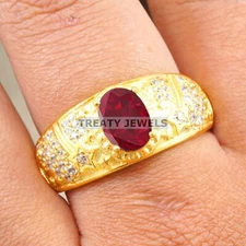 Ruby Oval Cut With 925 Sterling Silver Gold Plated Ring For Men's #B554